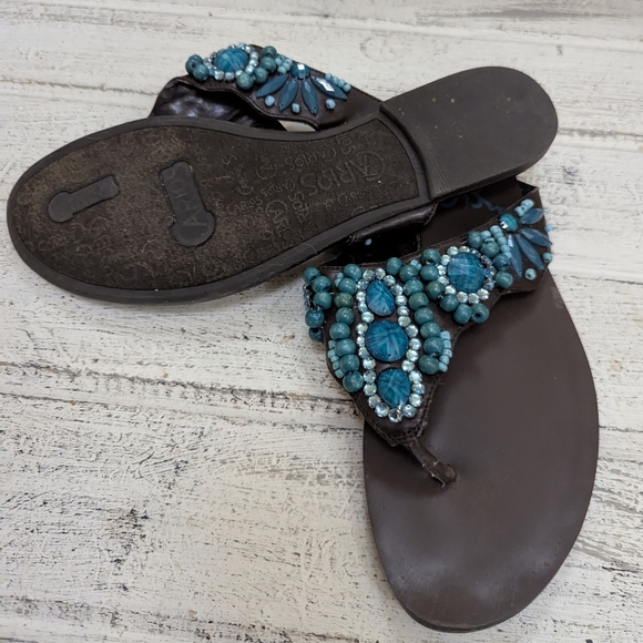 Carlos Sandals Flip Flops Teal Beading Rhinestones Flat by Santana size 9 - Picture 3 of 4